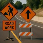 Misplaced construction site sign near road causing confusion and hazard for passing vehicles