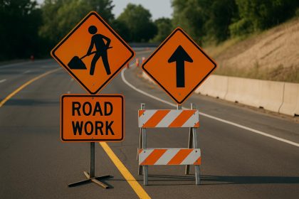 Misplaced construction site sign near road causing confusion and hazard for passing vehicles