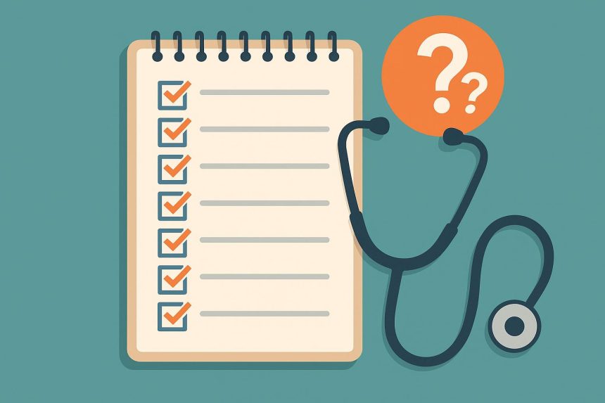 Doctor consulting patient with clipboard and stethoscope in medical office, healthcare choice concept