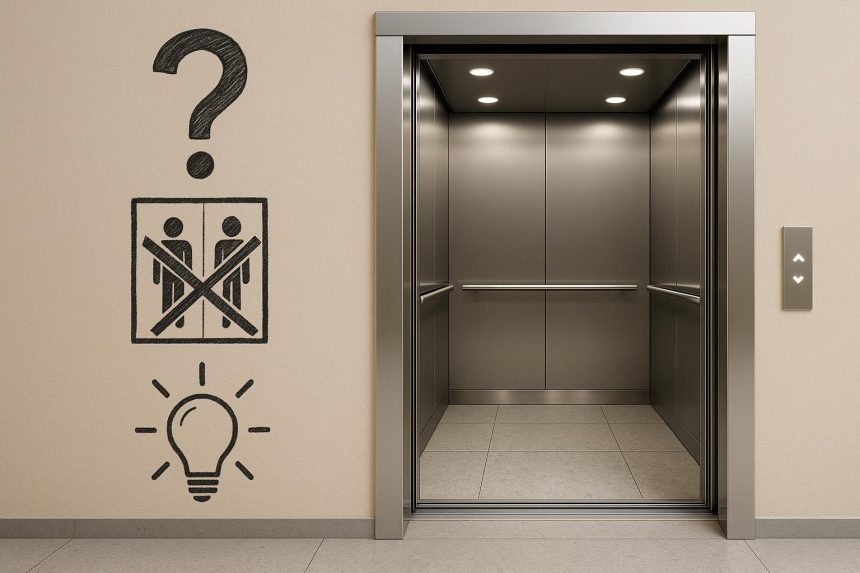 Modern commercial elevator in office building lobby, illustrating common elevator misconceptions.