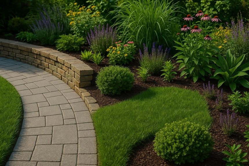 Modern garden with balanced hardscape and softscape elements for harmonious outdoor design