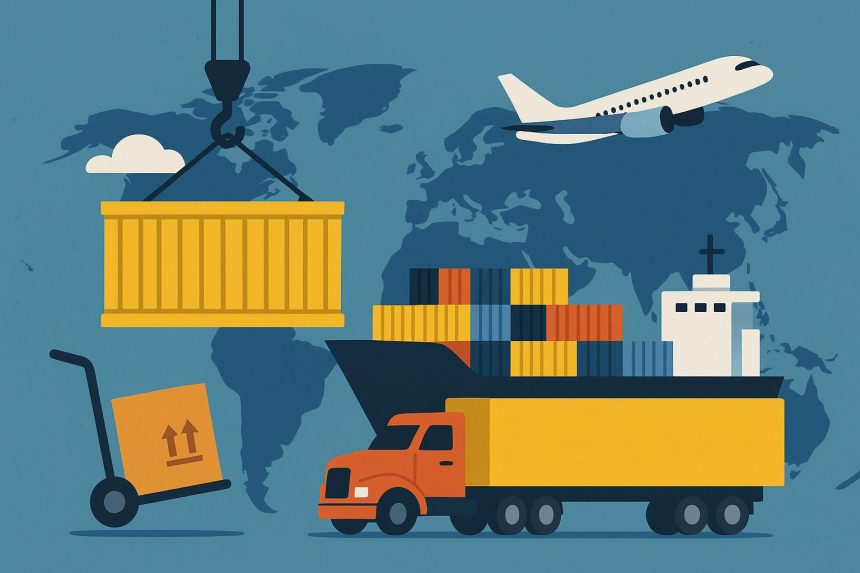 Freight containers and cargo truck at shipping yard illustrating key freight terminology concepts