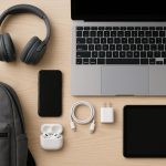 Laptop, headphones, and smart devices on a desk for college tech essentials