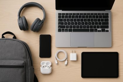 Laptop, headphones, and smart devices on a desk for college tech essentials