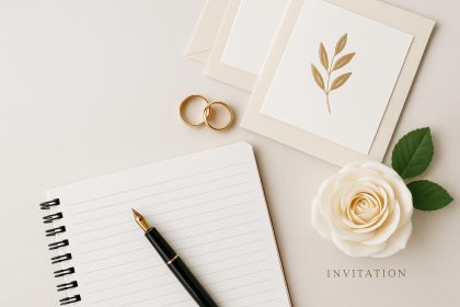 Elegant wedding stationery flat lay with pen, notebook, and roses for wedding writing inspiration