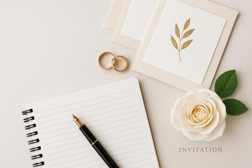 Elegant wedding stationery flat lay with pen, notebook, and roses for wedding writing inspiration
