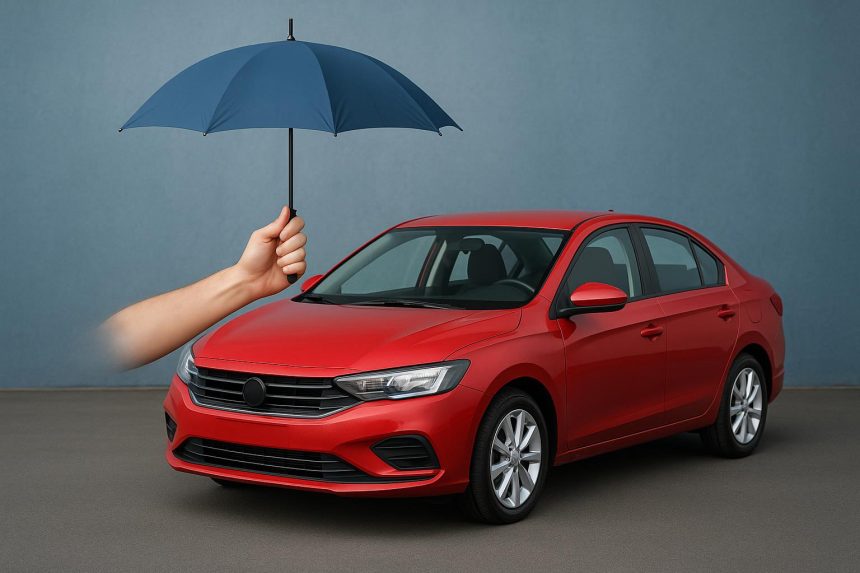 Red car protected under insurance shield illustrating standalone own damage car insurance benefits