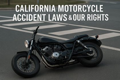 Motorcycle on California highway with legal scale symbolizing accident laws and riders' rights
