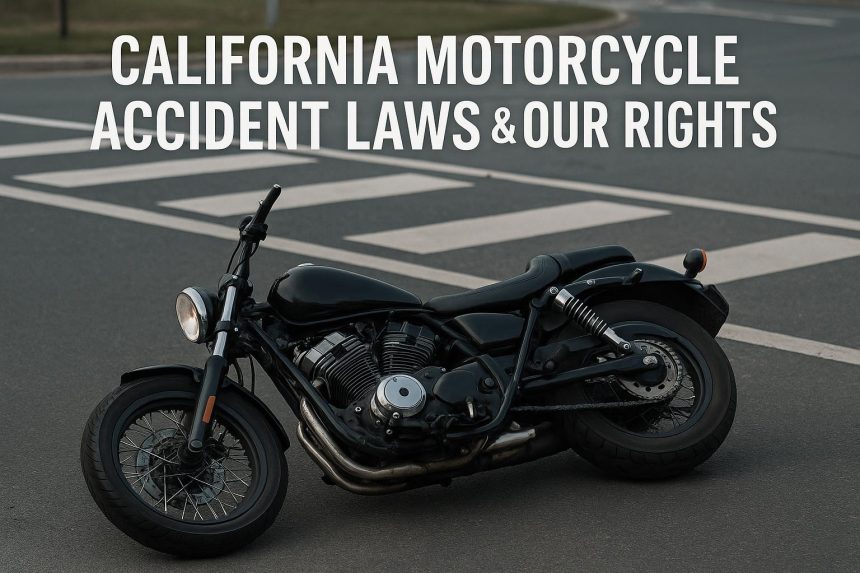Motorcycle on California highway with legal scale symbolizing accident laws and riders' rights