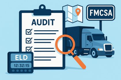 Fleet manager reviewing electronic logging device data for ELD compliance audit in trucking industry