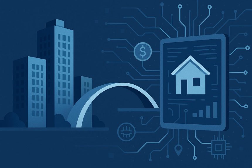 Modern building with digital network overlay representing PropTech and real estate financing