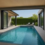 Modern indoor-outdoor hybrid pool with glass enclosure designed for all-season swimming