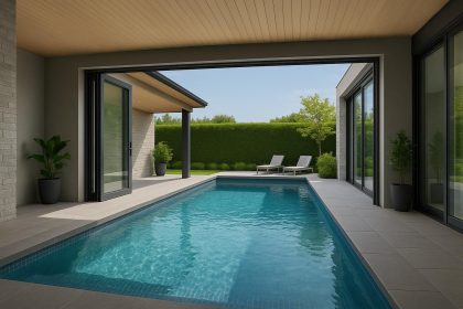 Modern indoor-outdoor hybrid pool with glass enclosure designed for all-season swimming