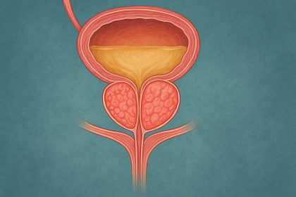Illustration showing signs and symptoms of an enlarged prostate with actionable health tips