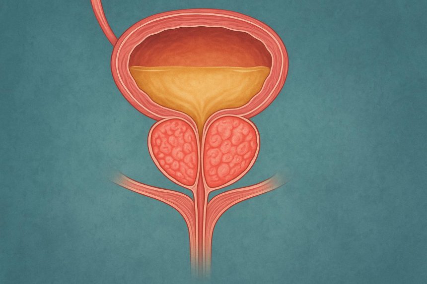 Illustration showing signs and symptoms of an enlarged prostate with actionable health tips