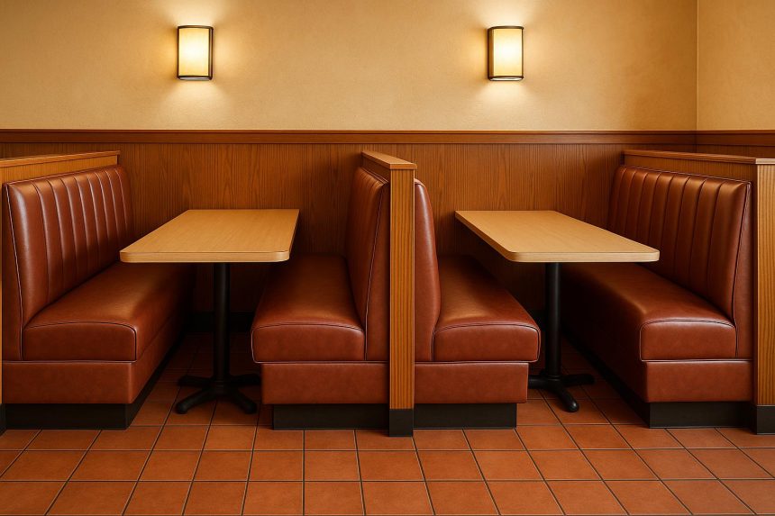 Modern restaurant booths with upholstered seating and wooden tables in a stylish dining area
