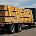 Flatbed truck with properly secured cargo using straps and chains for safe transportation