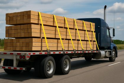 Flatbed truck with properly secured cargo using straps and chains for safe transportation