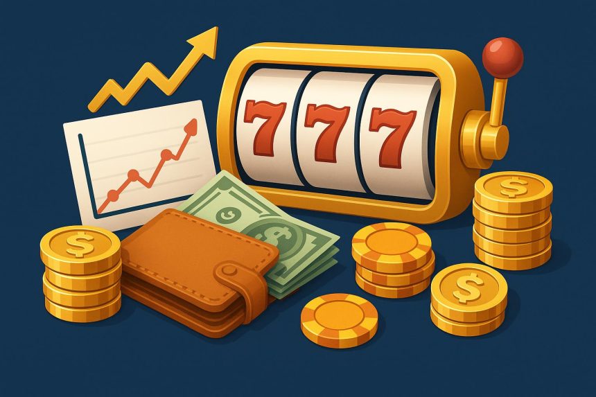 Stack of casino chips and slot machine reels symbolizing bankroll management for slot players