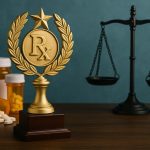 Pharmacist celebrating legal victory in pharmacy, symbolizing license defense success