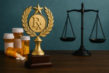 Pharmacist celebrating legal victory in pharmacy, symbolizing license defense success