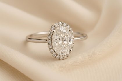 Oval engagement ring with sparkling diamond set in elegant band on soft neutral background