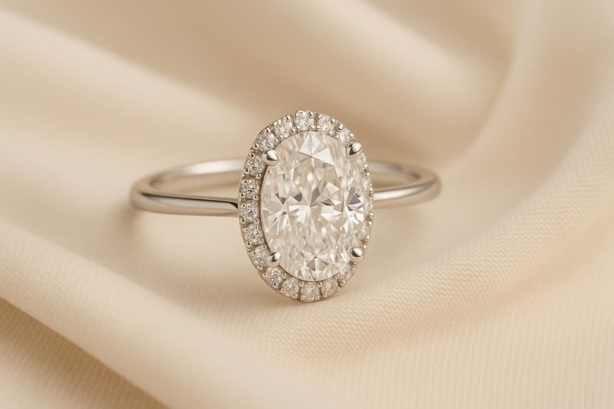 Oval engagement ring with sparkling diamond set in elegant band on soft neutral background