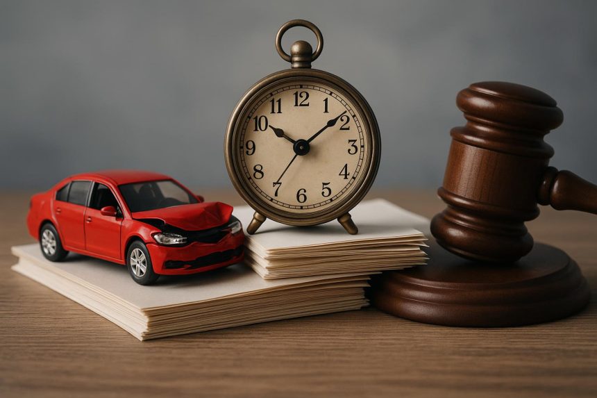 Car accident scene with damaged vehicles on road, illustrating delayed insurance claim settlements
