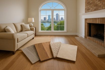 Hardwood and laminate flooring options displayed in a modern Milwaukee living room setting