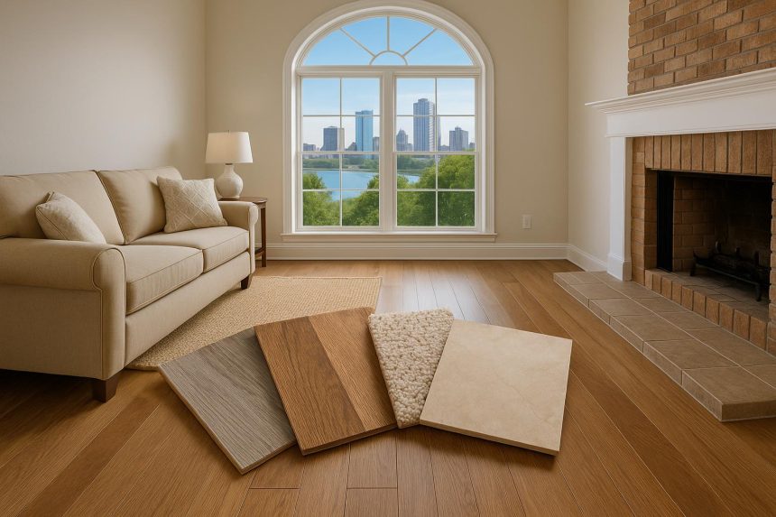 Hardwood and laminate flooring options displayed in a modern Milwaukee living room setting