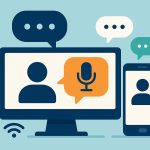 Laptop with chat bubbles and microphone icons representing online voice chat with strangers