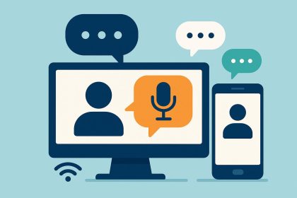 Laptop with chat bubbles and microphone icons representing online voice chat with strangers