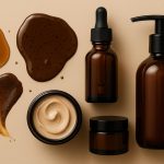 Assorted skincare products for hyperpigmentation treatment on a neutral background