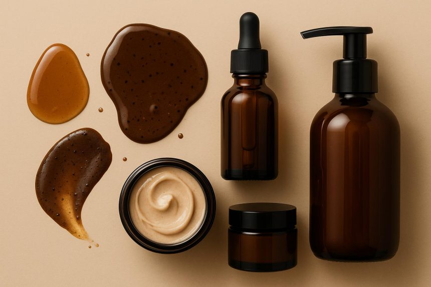 Assorted skincare products for hyperpigmentation treatment on a neutral background