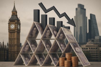 London Finance Company office exterior with financial charts symbolizing Ponzi scheme operations