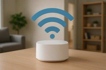 Wi-Fi router with strong signal coverage reaching all areas of a modern home interior
