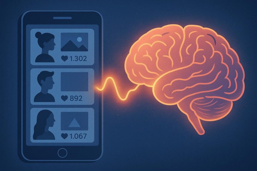 Illustration of a brain with social media icons symbolizing the effects of online comparison