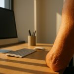 Office worker's hands under bright fluorescent lights highlighting effects on skin aging