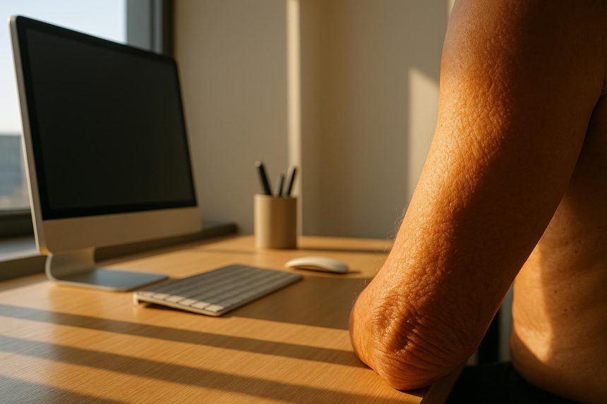 Office worker's hands under bright fluorescent lights highlighting effects on skin aging