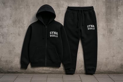 Syna World Tracksuit Collection displayed in an urban setting showcasing trendy streetwear fashion