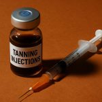 Tanning injection vial and syringe on a bathroom counter, highlighting risks of unregulated use