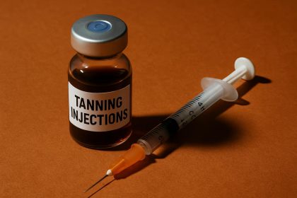 Tanning injection vial and syringe on a bathroom counter, highlighting risks of unregulated use