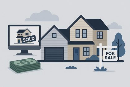 Modern house with for-sale sign, symbolizing iBuyer real estate transactions and agent impact