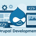 Drupal development company logos and digital technology symbols representing industry leaders