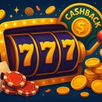 Colorful slot machine reels and coins highlighting cashback rewards for online slot gaming.