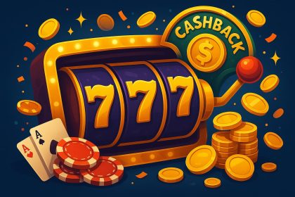 Colorful slot machine reels and coins highlighting cashback rewards for online slot gaming.