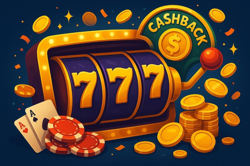 Colorful slot machine reels and coins highlighting cashback rewards for online slot gaming.