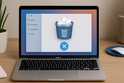 MacBook showing storage management screen with junk files highlighted for cleanup