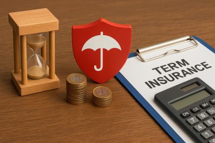 Hourglass and calculator illustrating the relationship between age, finances, and term insurance duration
