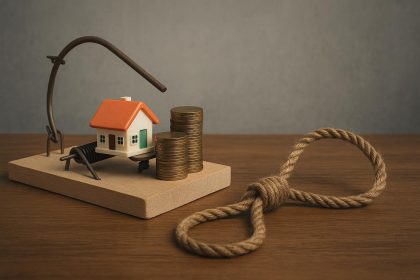 Stack of loan documents with a calculator and debt warning sign, illustrating personal loan risks
